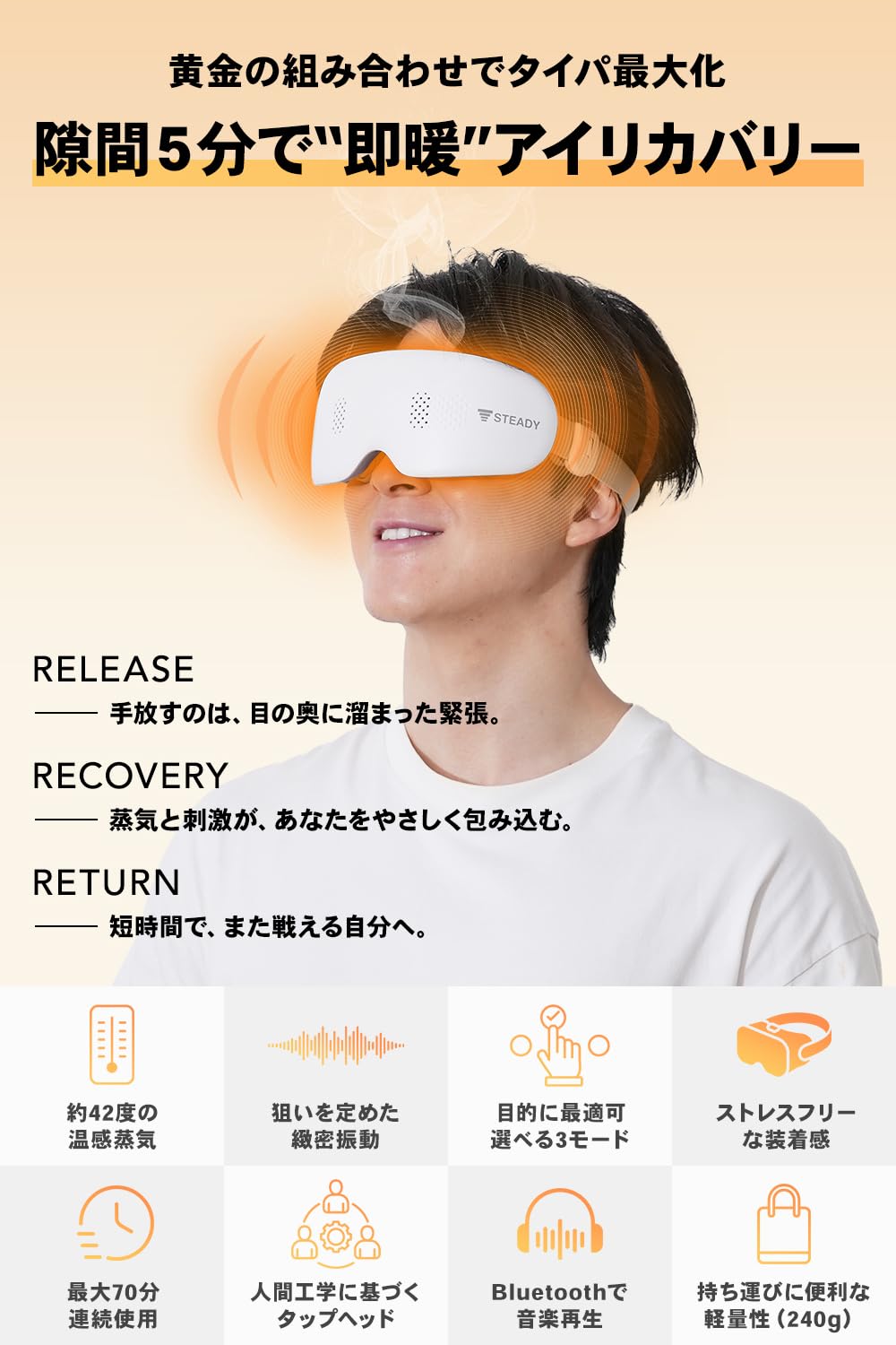 ●　蒸気アイウォーマー 【42°Cの蒸気×タッピング刺激】 Amazon | STEADY 蒸気アイウォーマー 【蒸気のうるおい×やさしいタッチ